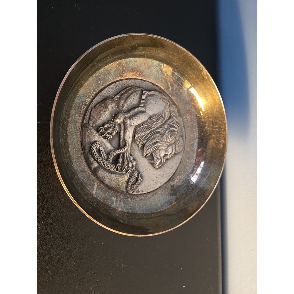 Antique Vintage Bowl Metal Argument Silver Plated French Souvenir Lion Snake Old